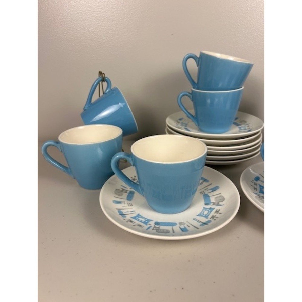 Vintage Mid Century Modern Atomic Kitchen Blue Tea Coffee Cup Saucer Set of Two - Picture 4 of 9